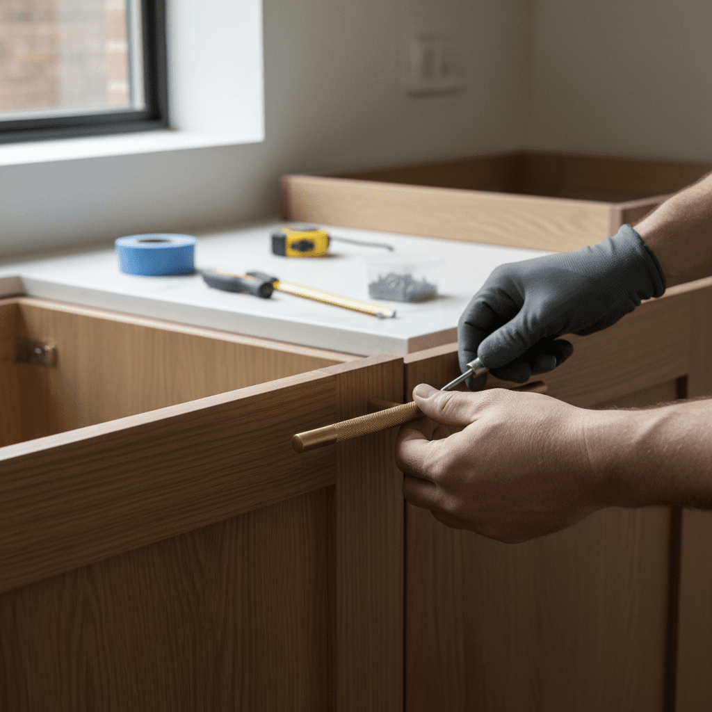 Skilled hands installing premium hardware onto custom wood cabinet door with natural lighting highlighting craftsmanship detail
