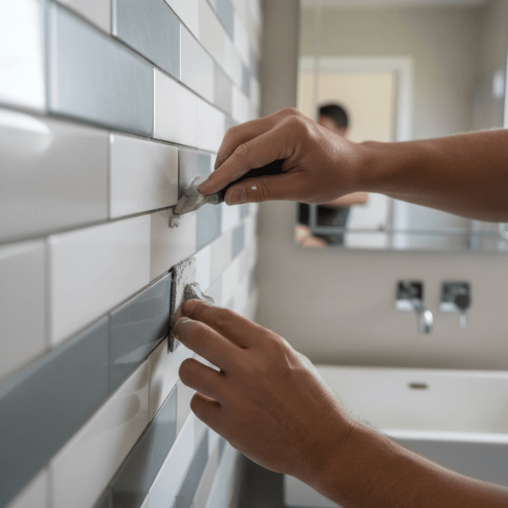 Skilled tradesperson's hands carefully placing decorative tiles on bathroom wall with precision and professional craftsmanship