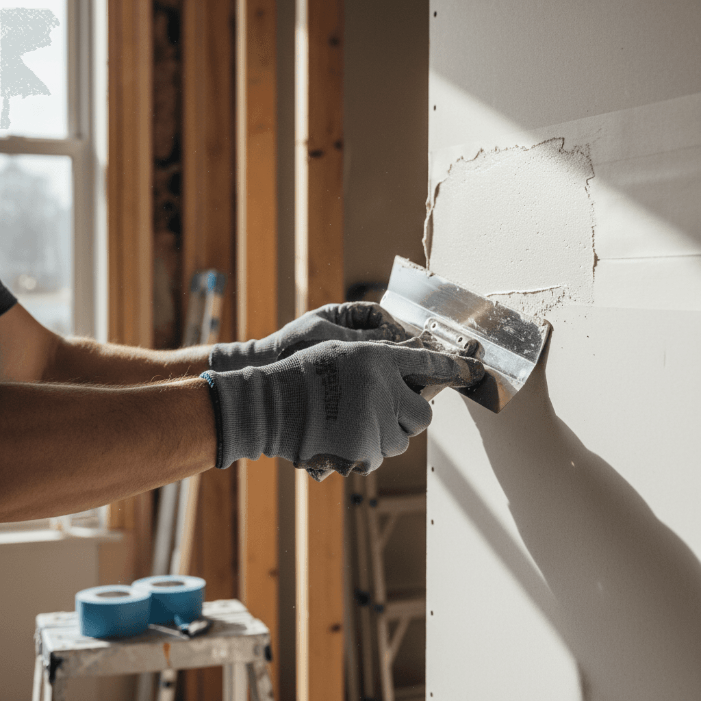 Skilled tradesperson's hands applying joint compound to drywall seams with a wide finishing knife