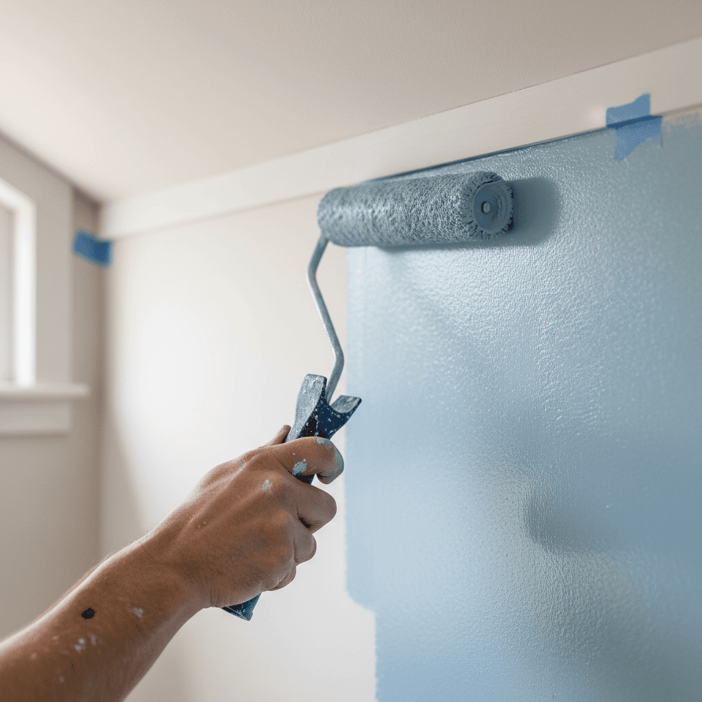 Painter's hands smoothly applying paint to interior wall with professional roller in natural light